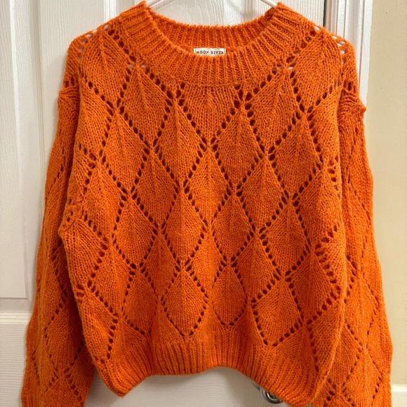 Moon River Anthropologie Orange Cozy Chunky Open Knit Crewneck Sweater Small - Picture 1 of 9